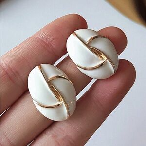 White & Gold Oval Stud Earrings | Elegant Minimalist Statement Studs